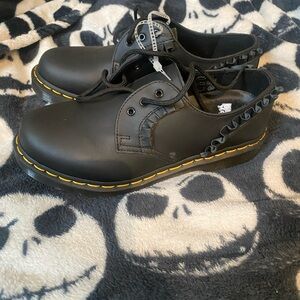 Dr. Martens Black Leather Oxfords with Yellow Stitching